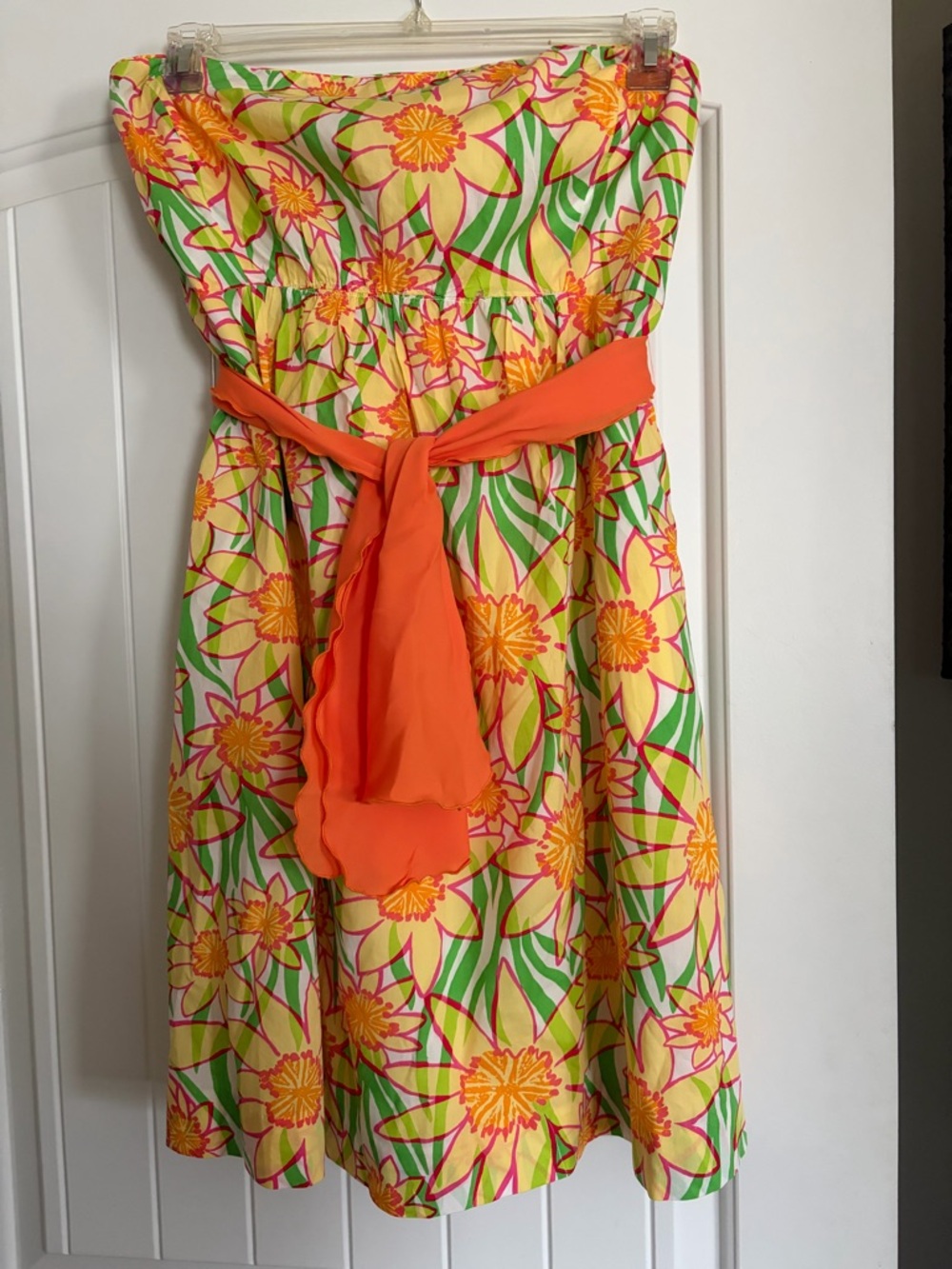Lilly Pulitzer Yellow Orange  Green Floral Strapless Dress with Orange Sash